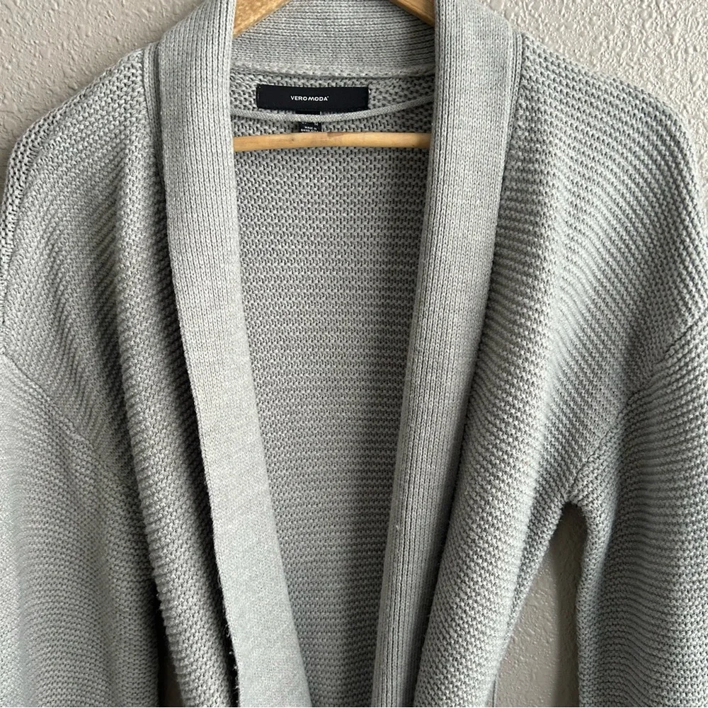 Vero Moda Light Gray VMNONAME Long Knit Tie Waist Shawl Neck‎ Cardigan Sweater